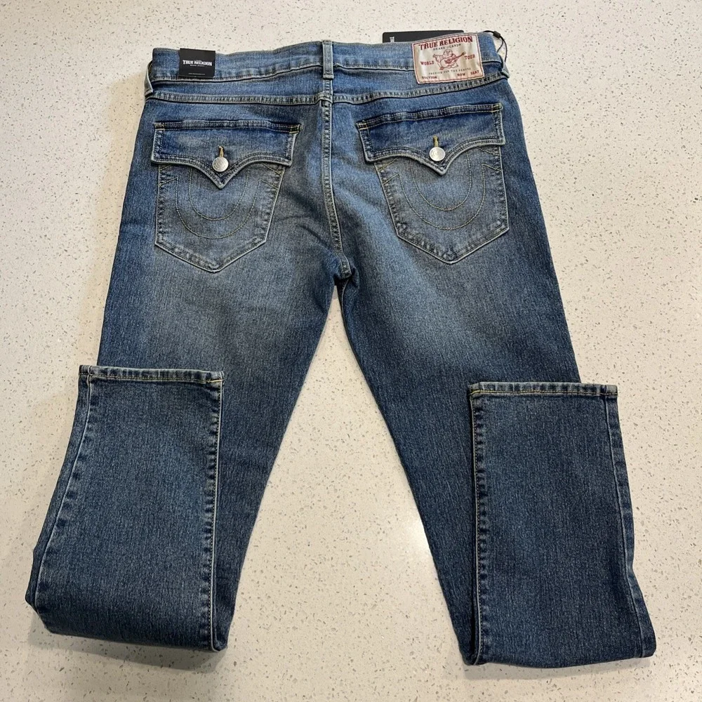 True Religion Jeans Mens 34X31 Blue Denim Rocco Snap‎ Flap Relaxed Skinny NWT